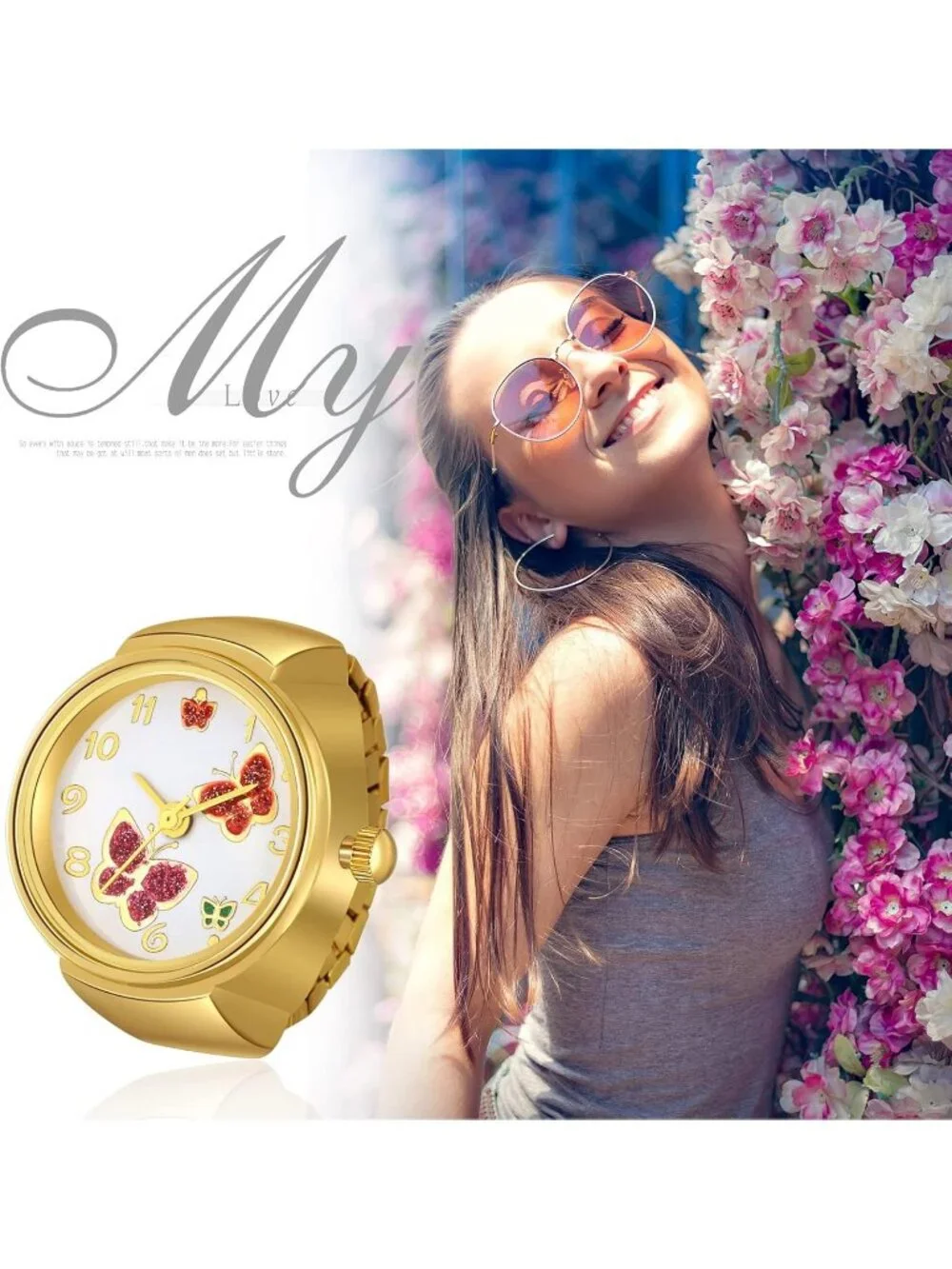 Unisex All Gold Analog Quartz Plated Elastic Butterfly Simple Round Ring Watch